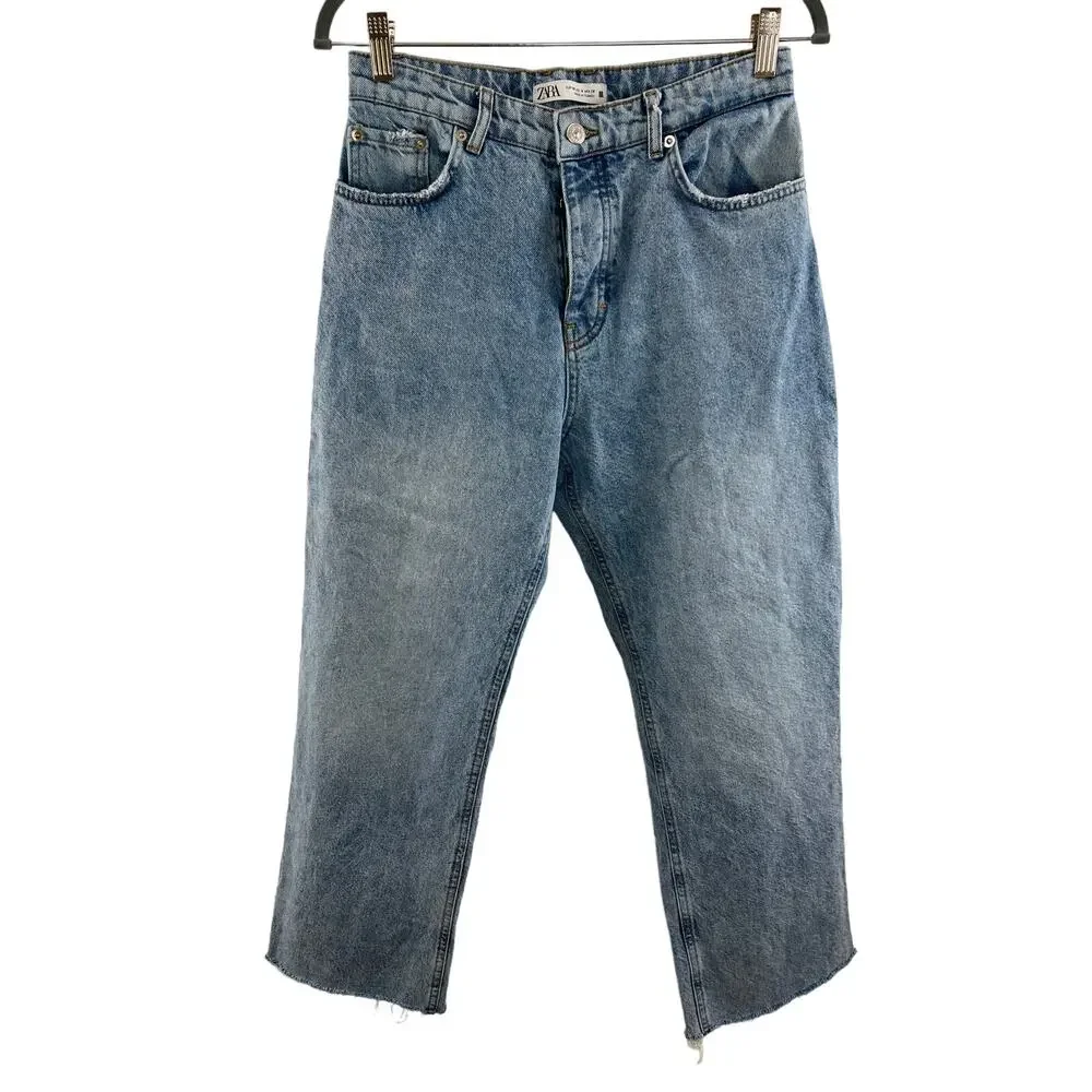 ZARA Blue Medium Wash Button Fly Raw Hem Cropped Straight Leg Jeans Size 6